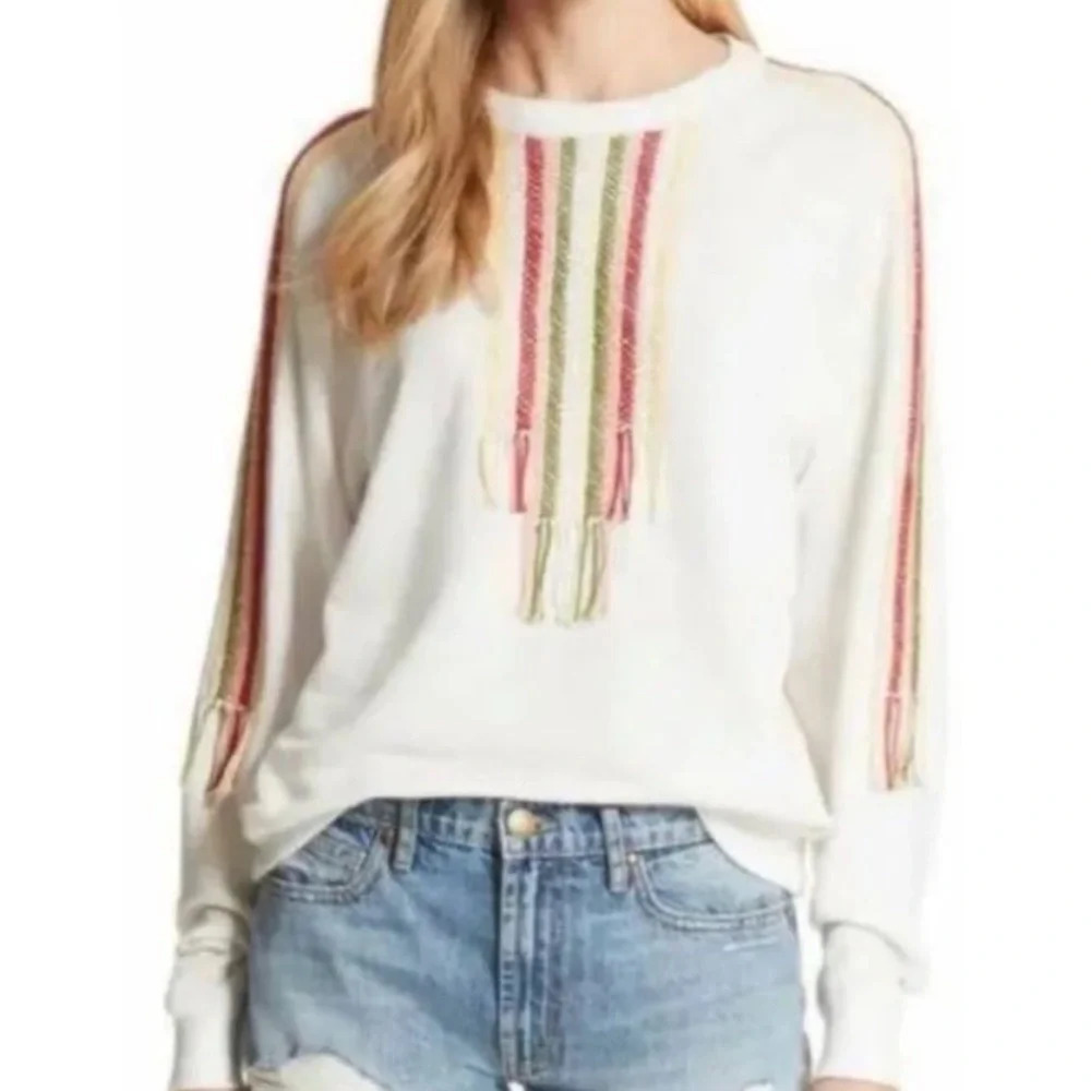 The Great The College Embroidered Fringe Rainbow Stripe Sweatshirt Boho Spring